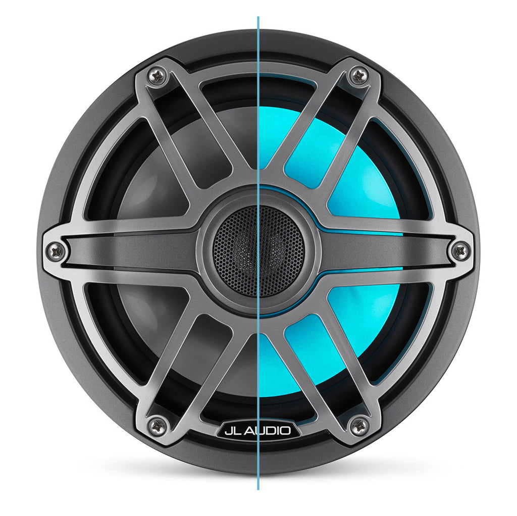 M6 Gray Metallic and Titanium speaker shown with and without LEDs