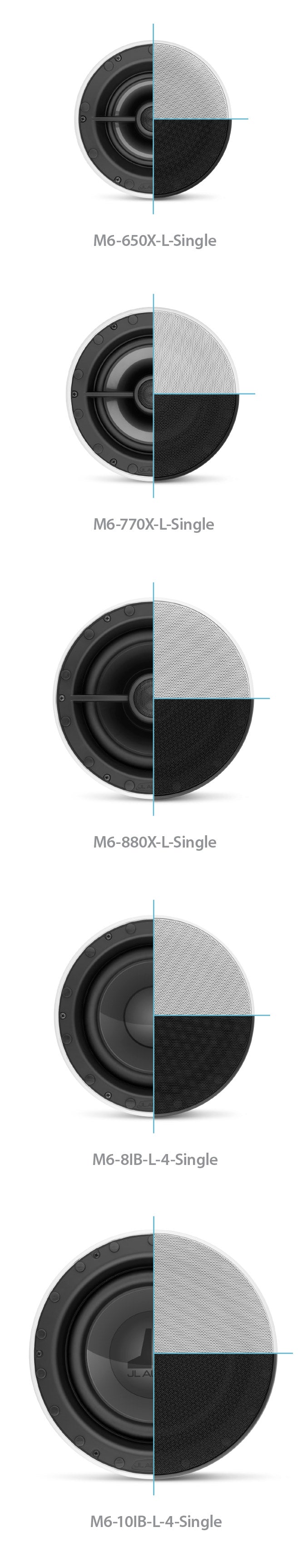 Luxe speakers and subwoofer family with both white and black grille options